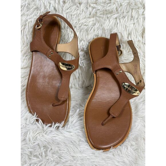 Michael Kors Sandals Womens Size 8M Brown Leather T-Strap Gold Logo Plate Flat - Picture 1 of 5